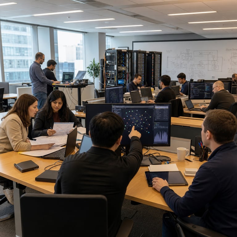 Inside the open-plan headquarters workspace of Travelers Insurance a team of anonymized AI engineers sits embedded directly among cross-functional product development colleagues at long shared tables covered with multiple laptop computers tablet devices and external hard drives the engineers face their screens displaying complex graphical interfaces of neural network diagrams probability charts and risk assessment visualizations without any legible text or numbers nearby colleagues from insurance product teams review printed documents and physical folders containing policy information while pointing at shared screens showing data flow diagrams the room contains rows of standardized office desks ergonomic chairs and low partitions separating work areas in the background tall server racks with blinking indicator lights represent scaled AI infrastructure supported by enterprise partnerships with Microsoft and AWS additional engineers stand at standing desks manipulating physical hardware components such as graphics processing units and network cables scattered across the workspace are generic office supplies including notebooks pens and coffee mugs the overall environment features neutral colored walls large windows showing an urban cityscape outside and collaborative meeting areas with whiteboards covered in abstract diagrams and flow charts the scene captures multiple individuals of varied ages and appearances working together in pairs and small groups focused on building reusable AI capabilities for insurance applications such as claims processing and underwriting one engineer gestures toward a central monitor while others take notes on tablets the hardware visible includes standard corporate laptops docking stations and portable storage devices all arranged to emphasize the integration of technical AI talent within everyday insurance product development workflows the setting avoids any company logos or readable markings and centers on the physical reality of forward deployed engineering teams addressing talent and deployment challenges through direct collaboration at Travelers Insurance facilities with indirect nods to similar scaled programs at Liberty Mutual and references to broader enterprise commitments from Microsoft AWS and technology providers like Palantir the composition includes details such as cables running between devices stacks of technical reference books on shelves potted plants for office ambiance and distant views of additional workstations where other teams engage in parallel discussions the entire view presents a single cohesive live action moment of enterprise AI scaling in practice through embedded personnel and shared physical workspaces.