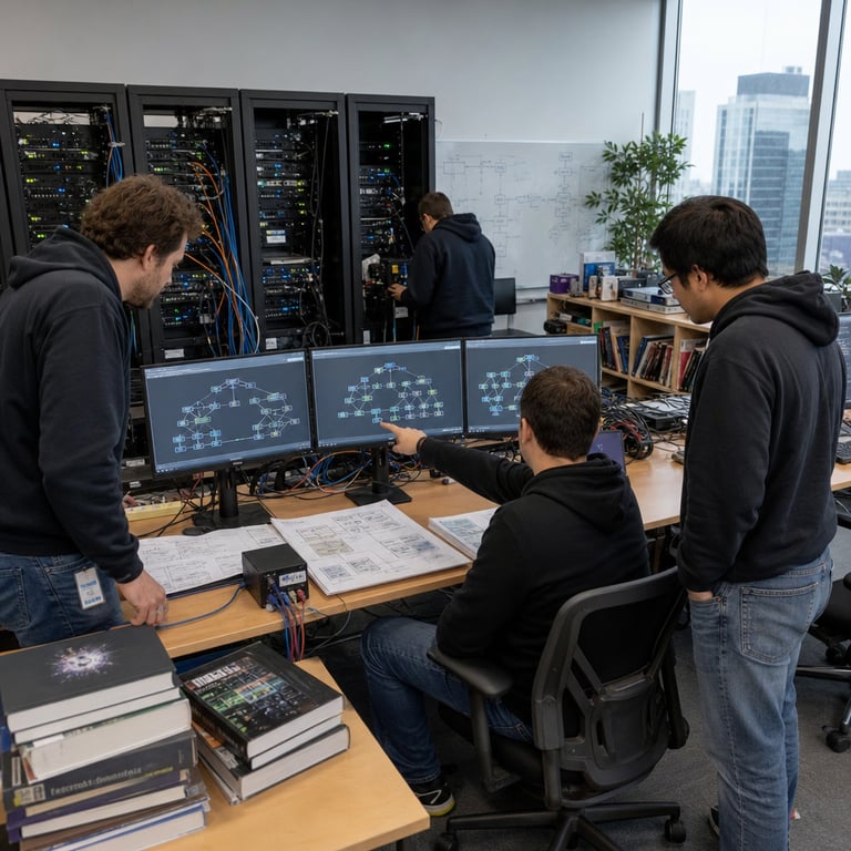 In a modern open-plan technology research facility with floor-to-ceiling windows overlooking an urban skyline, several anonymous engineers wearing hoodies and jeans work at long wooden desks arranged in rows. The workspace features multiple black server racks lined against the back wall, each rack holding dense stacks of computing hardware with small status indicator lights glowing steadily in green and blue tones. Thick bundles of multicolored cables snake between the racks and the desks, connecting to desktop towers and external storage units. On the desks sit arrays of flat-screen monitors displaying complex graphical interfaces with flowcharts, decision trees, and structured data diagrams without any visible lettering. One engineer sits at the central desk pointing toward a monitor while two others stand nearby examining printed schematic diagrams spread across the table surface. Additional engineers in the background interact with portable diagnostic tools and handheld measurement devices near the server racks. The room includes potted plants, whiteboards covered in hand-drawn diagrams, and scattered technical reference books. The overall setting conveys a collaborative development environment focused on advanced decision-oriented artificial intelligence systems, with emphasis on hardware integration points such as cable connections, rack-mounted processors, and workstation setups that support direct code-level outputs. The scene includes subtle references to specialized modeling approaches through the presence of decision-tree visualizations on screens and organized stacks of technical documentation on shelves, all within a clean, professional workspace environment associated with the early access release of structured AI tools designed for seamless software integration rather than conversational text generation.