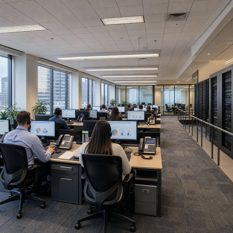 A spacious open-plan call center floor inside a mid-sized U.S. regional bank headquarters building features rows of identical ergonomic desks arranged in neat parallel lines under bright overhead fluorescent lighting. Each workstation holds a modern black telephone headset resting on its cradle next to a flat-screen monitor displaying abstract colorful charts and graphs without any legible markings. Several anonymous employees wearing plain business-casual attire sit with their backs to the camera focused on their tasks wearing over-ear headsets connected by coiled cords to desktop computer towers beneath the desks. The room contains neutral-colored carpet tiles in shades of gray and blue along with glass partition walls separating the main floor from smaller private meeting rooms visible in the background. Large floor-to-ceiling windows along one wall reveal an urban downtown skyline with other office buildings and distant traffic. On one side of the space a cluster of tall black server racks with blinking indicator lights stands behind a low railing symbolizing the infrastructure supporting automated voice systems. Scattered across the desks are generic office supplies including notepads pens and closed three-ring binders. The overall environment conveys a professional efficient atmosphere of scaled customer interaction handling with no visible signage branding or written information anywhere in view. Additional details include ceiling-mounted ventilation ducts air conditioning vents potted plants near the windows and electrical cable management trays running along the floor edges. The composition centers on the human operators and their immediate hardware surroundings illustrating the physical setting where legacy interactive voice response systems have been supplanted by advanced agentic voice artificial intelligence platforms achieving high rates of automated session handling across millions of customer interactions. Subtle reflections appear on the polished surfaces of the monitors and the metallic edges of the server equipment while the distant background shows more unoccupied desks prepared for additional staff reinforcing the scale of operations at a regional financial institution participating in sector-wide technology upgrades alongside larger competitors.