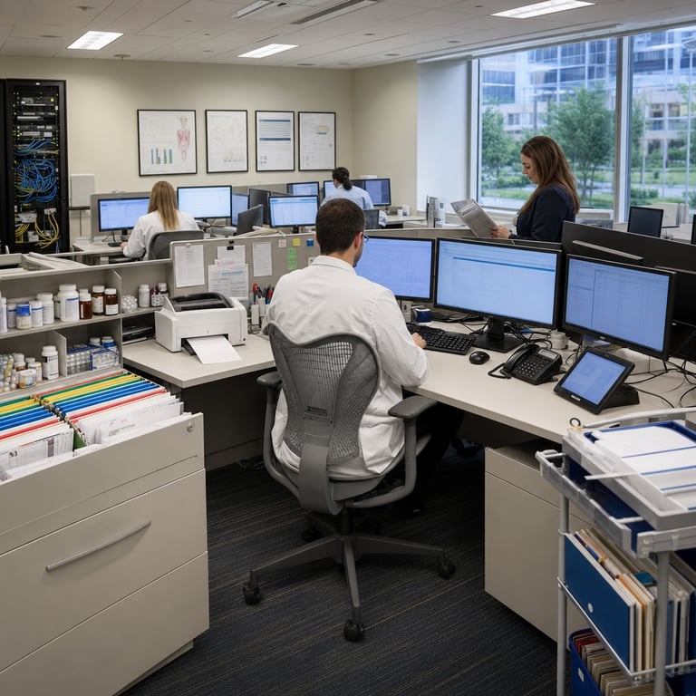 Inside a modern clinical pharmacy workspace belonging to a major healthcare payer organization a pharmacist wearing a standard white coat sits with back facing the viewer at an L-shaped desk equipped with multiple flat-panel computer monitors keyboards and mouse devices connected via visible network cables to external data systems representing electronic health records integration a nearby open filing cabinet holds rows of color-coded patient folders and prescription request forms while generic unlabeled medication bottles and blister packs rest on adjacent shelves symbolizing automated review for more than twenty five different drugs the desk surface also features a tablet device displaying chart-like interfaces without any readable content alongside a landline telephone and a printer outputting plain sheets of paper the background shows additional workstations with similar setups occupied by other anonymized staff members in professional attire one wall displays framed generic medical diagrams and organizational charts without text a large window reveals an exterior view of a hospital campus courtyard with trees and pathways indicating a Cleveland Clinic affiliated facility setting the overall environment includes subtle visual cues of streamlined workflow such as neatly organized digital peripherals and minimal paperwork stacks evoking rapid data retrieval from partnered electronic networks the floor holds a rolling cart with additional supply bins and reference binders the entire scene emphasizes hardware elements like server racks in a corner alcove connected by ethernet cables symbolizing secure data exchange for prior authorization processes the lighting is even and functional highlighting the clean professional medical office atmosphere with no visible branding logos or markings on any equipment or surfaces the pharmacist posture suggests focused interaction with the system controls while a second staff member stands nearby reviewing a physical binder the composition centers on the integration of technology and healthcare operations in a real-world payer environment tied to large-scale technology investments in artificial intelligence driven systems for prescription management