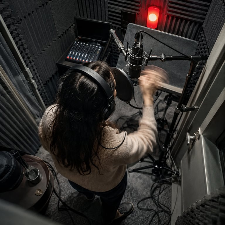 Voice artist recording in a soundproof booth with a condenser microphone and red recording light.