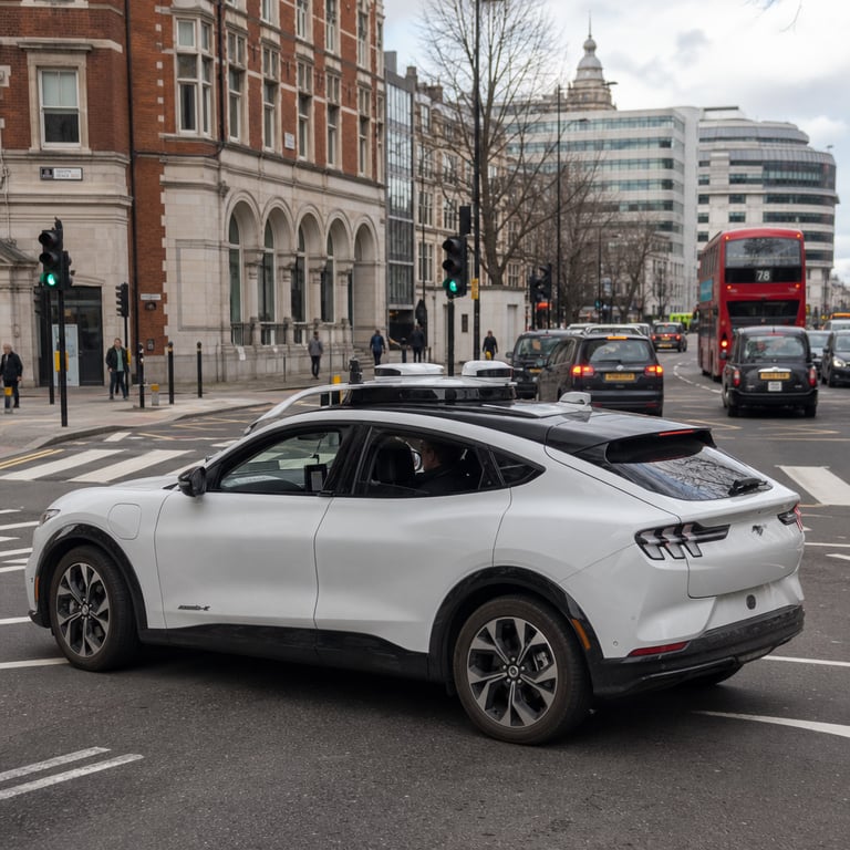 A licensed driver sits in the front seat of a Ford Mustang Mach-E electric vehicle on a wide multi-lane street in Greater London with the vehicle positioned at a gentle stop near a zebra crossing surrounded by typical urban architecture including brick buildings with large windows and stone facades while the car features visible roof-mounted sensor arrays and side camera housings integrated into its body panels the driver appears as a generic anonymous figure viewed from a three-quarter rear angle wearing a standard dark jacket and seatbelt with hands resting lightly on the steering wheel and eyes directed forward through the windshield the electric vehicle displays its sleek profile with charging port visible on the rear quarter panel and alloy wheels reflecting ambient daylight other generic vehicles including black cabs and red double-decker buses occupy adjacent lanes creating a bustling yet orderly mobility scene the background includes traffic lights mounted on poles pedestrian crossings marked on the asphalt and distant views of modern office structures and historic facades typical of London neighborhoods the Ford Mustang Mach-E is shown in motion context with slight forward positioning suggesting supervised operation the interior reveals dashboard displays and control interfaces without any markings the overall environment includes paved sidewalks with occasional pedestrians walking parallel to the road wearing everyday clothing such as coats and carrying bags the lighting is natural daylight with soft shadows indicating overcast conditions common in the region the vehicle integrates elements associated with advanced driver assistance systems through its external hardware placements on the roof and mirrors while remaining fully grounded in a real-world public street setting in Greater London the scene captures the supervised nature of the ride with the driver actively present and attentive the electric powertrain is implied through the vehicle's modern design and absence of exhaust components the surrounding infrastructure includes road markings directional arrows and curbside elements that define a standard urban thoroughfare the composition focuses on the interaction between the human driver and the autonomous-capable hardware within the Ford Mustang Mach-E on this specific London street emphasizing enterprise mobility integration through the presence of the equipped vehicle and its operator in a public setting