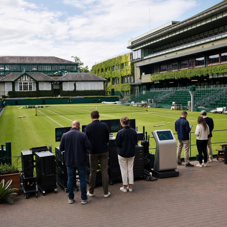 A single continuous live-action photojournalistic scene captured at the All England Lawn Tennis Club grounds during the Wimbledon tournament showing the meticulously maintained grass tennis courts under open daylight with the distinctive white boundary lines and net posts visible across multiple adjacent courts the low-slung cream-colored clubhouse buildings with their dark timber framing and ivy-covered walls forming the background perimeter a cluster of generic anonymous figures seen only from the back wearing neutral colored casual clothing standing near a technical operations area at the side of the main court where rows of matte black server racks and rectangular hardware units representing watsonx processing systems sit on wheeled carts connected by thick black cables to portable monitor stations displaying abstract graphical overlays of match progress charts and probability indicators without any lettering or symbols an additional freestanding kiosk unit labeled internally as IBM Bob hardware positioned nearby with its smooth metallic casing and integrated touch interface showing animated player movement paths and conversational query response visuals in the distance beyond the courts the iconic ivy-clad stands hold rows of empty spectator seating with scattered tennis balls and rackets resting on the grass near the baseline a few generic back-turned figures in simple attire appear to interact with handheld tablets that mirror the same abstract graphical data streams illustrating live insights and fan engagement tools the entire environment includes precise details of the short cropped green grass texture the wooden benches along the sidelines the metal fencing enclosing the courts the subtle shadows cast by the clubhouse structures the scattered white court maintenance equipment including rollers and line markers positioned at the edges and the overall architectural layout of the AELTC venue with its mix of historic brick pathways and modern utility structures all integrated into one unified realistic outdoor scene emphasizing the physical tennis setting alongside the deployed AI hardware infrastructure without any visible text logos numbers watermarks or identifiable individuals