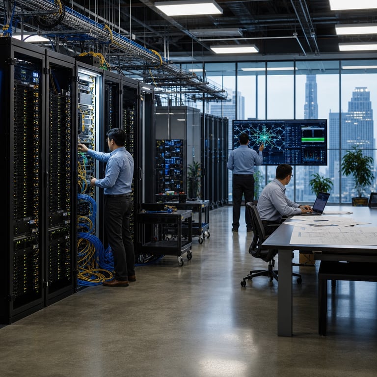 A spacious modern enterprise data center interior features rows of tall black server racks filled with dense arrays of glowing indicator lights and neatly bundled fiber optic cables in blue and yellow hues stretching across the floor and into overhead trays. Anonymous engineers wearing business casual attire including button down shirts and dark slacks stand at various workstations with their backs or sides turned to the viewer one engineer gestures toward a large wall mounted monitor displaying intricate network topology diagrams and performance metrics graphs another engineer seated at a long conference table types on a laptop while reviewing printed schematics spread out nearby a third engineer adjusts connections on an open rack panel revealing internal components such as circuit boards and cooling fans. The environment includes polished concrete floors reflective glass partitions separating sections of the room and large windows along one wall revealing an urban skyline with distant skyscrapers indicating a global headquarters setting. Additional details encompass multiple rolling equipment carts holding diagnostic tools and spare hardware parts scattered neatly organized cable management systems overhead fluorescent lighting panels casting even illumination across the space potted plants in corners adding subtle greenery and a central aisle wide enough for collaborative movement between teams. The scene emphasizes operational activity with individuals focused on hardware integration and system monitoring symbolizing the transition of artificial intelligence platforms from experimental stages to large scale production deployments supported by local technical teams across international markets. Every element from the precise arrangement of server units to the varied postures of the workers conveys a professional atmosphere of technological scaling and infrastructure expansion without any visible branding or textual elements present on any surface or device.