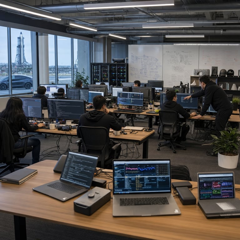 Inside a large shared engineering workspace that merges the operational environments of an aerospace campus and an electric vehicle development center, multiple teams of anonymous engineers work at long rows of desks equipped with arrays of flat panel monitors displaying complex code repositories and model evaluation dashboards without any visible lettering or branding. Engineers wearing plain dark clothing sit with their backs to the viewer, focused on keyboards and trackpads while reviewing outputs from an advanced AI system in private beta phase. On one side of the room large windows reveal a distant view of a prototype rocket structure on a test stand alongside a sleek electric sedan parked in an adjacent lot, symbolizing the dual corporate settings. Server racks with blinking indicator lights line the rear wall next to whiteboards covered in abstract diagrams and flowcharts. A central table holds open laptops connected to external drives and tablets showing side by side performance comparisons of language models. The space features exposed industrial ceilings with ductwork, neutral gray carpeting, and scattered ergonomic chairs. Additional details include coffee mugs on desks, cables neatly bundled along the floor, potted plants near the windows, and a subtle mix of metallic and composite material samples displayed on shelves. Engineers gesture toward screens while discussing model training runs that incorporate foundation architecture V9 combined with specialized data sources. The overall atmosphere conveys focused technical evaluation in a restricted access environment where early stage testing occurs before wider deployment, with emphasis on iterative development cycles and competitive benchmarking against other frontier systems. Every element remains grounded in real hardware, furniture, and architectural features typical of technology campuses, avoiding any symbolic or abstract representations. The scene captures a single frozen moment of collaborative review involving hardware interfaces, data storage units, and multi monitor workstations arranged to facilitate private internal validation of the Grok 4.5 system within the specified organizations.