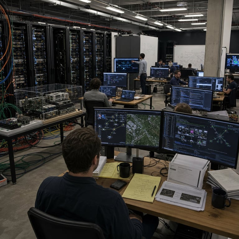 In a spacious open-plan technology research facility associated with xAI development efforts a group of anonymous engineers wearing casual business attire sit at long wooden desks arranged in rows each desk holding multiple high-resolution computer monitors displaying complex agentic workflow diagrams and visual input processing interfaces one monitor shows layered image analysis of satellite imagery combined with textual data streams representing expanded context handling another screen illustrates benchmark scoring metrics for autonomous task completion sequences with interconnected nodes indicating frontier intelligence levels the background features tall black server racks filled with densely packed GPU modules connected by thick multicolored cables running along the floor and ceiling trays a central table holds open laptops running Grok Build interfaces alongside Cursor coding environments with visual overlays for image-based prompt integration and long token sequence simulations nearby stands a display case containing hardware components labeled implicitly through context as related to SpaceXAI collaborative projects including custom inference chips and networking equipment for large-scale model deployment on one side of the room a whiteboard covered in handwritten diagrams of context window expansions to half a million tokens and steady pricing models sits unused while generic figures point at screens showing OpenRouter routing pathways for multi-model agentic tasks the floor is polished concrete with subtle reflections from overhead fluorescent lights illuminating the entire workspace scattered on desks are notepads with technical sketches external hard drives stacks of printed benchmark reports and coffee mugs the overall atmosphere conveys focused collaborative innovation in artificial intelligence advancement with all elements grounded in real hardware and professional settings without any visible text symbols or markings on any surfaces or devices the scene captures a moment of post-release evaluation on August 12 2026 emphasizing the new image input capabilities alongside maintained cost structures for the Grok 4.6 system in action through realistic human-computer interactions and infrastructure details that reflect the expanded capabilities in agentic benchmarks and multimodal processing.