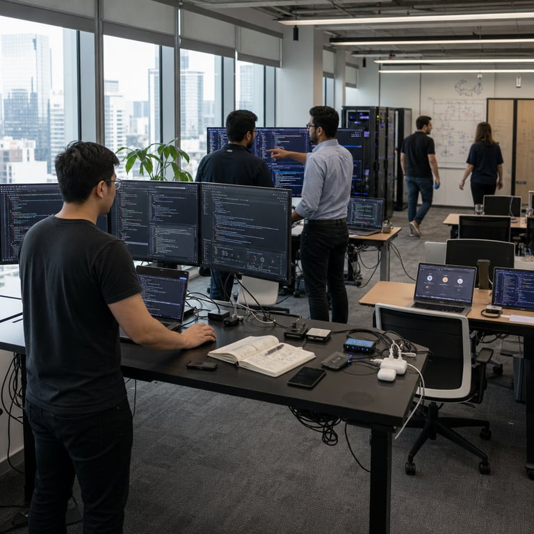 A wide-angle view of a modern open-plan technology development office during daytime with natural light streaming through large windows overlooking an urban skyline. Multiple anonymous software engineers with their backs or sides facing the camera work at individual standing desks equipped with large external monitors keyboards and mice. On the desks are open laptops displaying complex coding interfaces and agent orchestration dashboards without any visible text numbers or logos. One engineer adjusts parameters on a long-running autonomous coding agent simulation shown as animated flow diagrams and progress indicators on screen. Another engineer collaborates by pointing at a shared monitor displaying parallel execution traces of agent tasks involving data processing and algorithm optimization. A third engineer reviews output from multiple AI model integrations represented by distinct interface layouts on separate screens connected via visible network cables and routers. The workspace includes scattered hardware such as external hard drives USB hubs and notebooks with diagrams of agent workflows. In the background additional engineers walk between desks carrying coffee mugs and tablets. The overall environment features neutral office furniture potted plants subtle server racks along one wall and a central conference table with additional laptops open to platform selection menus for different AI services. The scene emphasizes collaborative technical work focused on advanced coding agents and benchmark-competitive model usage across diverse access points including integrated development environments and routing services. Details include precise positioning of ergonomic chairs monitor stands cable management trays wall-mounted whiteboards with abstract flowcharts and consistent lighting highlighting the focused expressions of the engineers engaged in real-time interaction with AI-assisted coding environments. Additional elements comprise multiple charging stations scattered across desks wireless earbuds placed near keyboards and subtle reflections on glossy screen surfaces indicating active computational processes related to extended agent sessions and token-efficient operations.