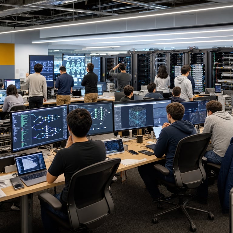 Inside a spacious open-plan technology research facility multiple anonymous engineers in neutral colored casual attire sit at long shared worktables covered with arrays of flat screen monitors displaying intricate abstract neural network graphs data flow diagrams and model performance charts without any legible characters or symbols while additional figures stand nearby examining hardware racks filled with densely packed server units and cooling systems representing ongoing frontier artificial intelligence model development one cluster of workers focuses on iterative version updates for a primary system symbolized by layered flowchart elements another nearby team engages in parallel analysis of competing architectures through shared digital whiteboards showing comparative metrics and optimization paths the environment includes scattered laptops tablets and peripheral devices on the tables along with subtle corporate branding elements like colored accent panels on walls and generic office furniture the overall composition captures a collaborative yet competitive atmosphere in a single continuous workspace where individuals gesture toward screens or discuss points with colleagues all figures are shown from side or back angles to maintain anonymity with no specific identities visible the scene emphasizes hardware infrastructure software interfaces and human collaboration in a realistic office laboratory setting typical of leading artificial intelligence organizations engaged in rapid successive releases amid industry rivalry between entities focused on next generation language models and multimodal systems the background features additional server cabinets networking cables and storage units creating depth and context for large scale computational work without any visible text logos or identifiable individuals the composition remains grounded in a single unified real world environment illustrating the pace and intensity of model advancement schedules in the frontier artificial intelligence sector through tangible elements like computational hardware collaborative workspaces and abstract visual representations of algorithmic progress.