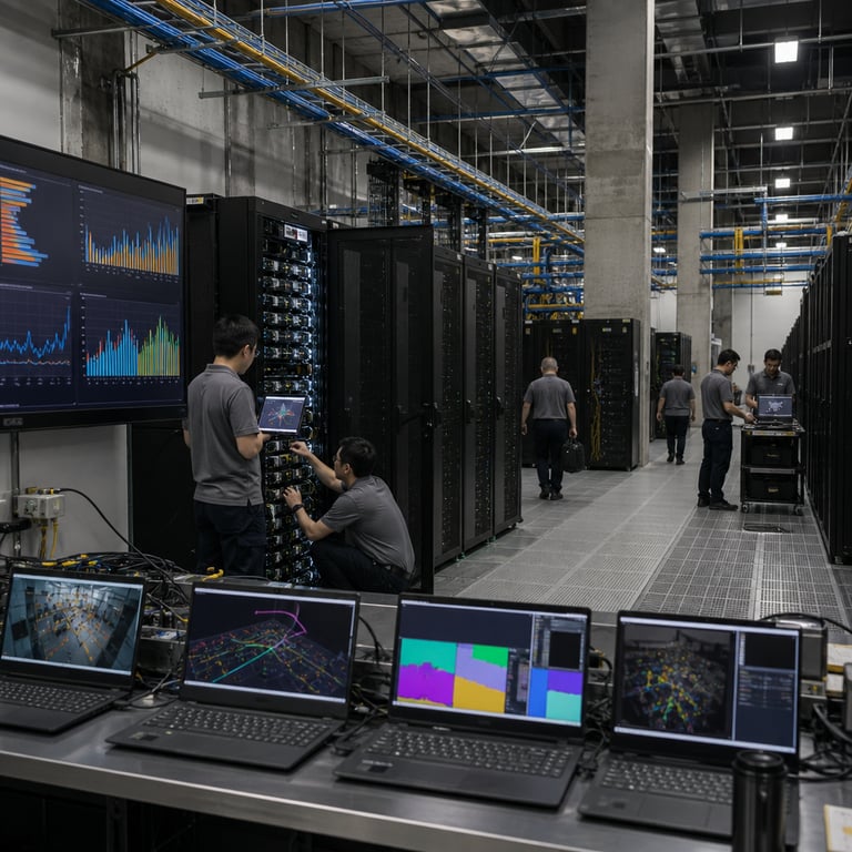 Inside a vast industrial data center hall belonging to an artificial intelligence research organization multiple rows of tall black server racks stand aligned on raised gray flooring with visible cable management trays running underneath. Anonymous technicians in neutral colored polo shirts and dark pants work at various stations one technician in the middle ground kneels beside an open rack door inspecting densely packed graphics processing units and liquid cooling manifolds while another stands nearby holding a diagnostic tablet showing only graphical charts and diagrams of system loads. Further back additional anonymous figures move between aisles carrying tool kits and replacement components. On a long metal workbench in the foreground several open laptops display intricate visual outputs including rendered 3D environments agent navigation paths through simulated spaces and layered image segmentation maps all free of any text or numbers. Nearby a large wall mounted display panel shows side by side comparison graphs of performance metrics rendered purely as colored bar charts and line plots representing intelligence benchmark parity without labels. Ventilation ducts overhead cast soft shadows across the polished concrete pillars that support the ceiling grid while bundles of fiber optic cables in blue and yellow snake along the walls connecting the racks. In one corner a small group of three technicians gathers around a wheeled cart loaded with compact server blades discussing hardware configurations that enable lower operational costs through efficient power distribution units visible as black rectangular boxes mounted on the rack sides. The entire space features uniform industrial lighting from recessed panels reflecting off metallic surfaces and the matte finishes of the equipment creating a documentary style view of frontier artificial intelligence infrastructure supporting advanced model development including agentic task handling and visual processing capabilities at reduced token pricing levels compared to competing systems. Additional details include fire suppression pipes running parallel to the cable trays emergency exit pathways marked only by symbols and scattered maintenance logs in plain folders on side tables all contributing to a realistic live action depiction of the hardware backbone behind recent releases in the artificial intelligence sector.