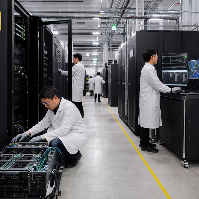 Inside a vast climate-controlled data center facility filled with endless rows of tall black server racks humming with activity, multiple anonymous technicians wearing white lab coats, protective gloves, and safety glasses perform routine maintenance and monitoring tasks on high-density computing hardware. The foreground shows a technician kneeling beside an open server chassis revealing intricate arrays of GPU modules, cooling fans, and bundled fiber optic cables in blue and green hues, while another technician stands at a nearby workstation console examining detailed performance graphs and network topology visualizations on multiple large flat-panel displays. Further into the scene, additional staff members walk between the racks carrying diagnostic tablets, inspecting LED status indicators on the equipment, and adjusting ventilation panels along the base of the racks. The environment features polished concrete floors with yellow safety lines, overhead HVAC ducts distributing cool air, and emergency signage visible in the distance without any readable text. The background includes additional server aisles receding into perspective with subtle reflections on metallic surfaces, suggesting a large-scale computational infrastructure supporting advanced artificial intelligence development. The overall composition captures the scale and precision of post-training optimization processes for trillion-parameter models through the depiction of specialized hardware clusters, organized cabling infrastructure, and collaborative technical workflows among the personnel. Every element emphasizes the physical reality of frontier model deployment including power distribution units, redundant cooling systems, and modular rack designs that enable rapid iteration on foundation models without relying on larger parameter counts. The scene illustrates competition in the AI sector by showing parallel hardware setups that could represent efforts from multiple organizations working on similar large-scale language models and multimodal systems. Detailed textures include brushed metal finishes on rack doors, matte black plastic components, and the fine mesh of air intake grilles, all contributing to a realistic photojournalistic representation of the technological environment where such model releases occur.