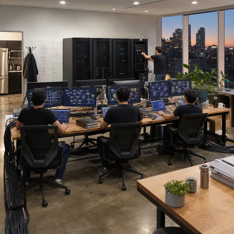 Inside a spacious modern technology development laboratory belonging to xAI a group of four anonymous software engineers wearing plain dark casual shirts and jeans work together at a long central wooden workbench covered with thick black cables neatly bundled along the edges the engineers sit with their backs facing the viewer focused on rows of large flat screen monitors mounted on adjustable silver arms each monitor bezel is matte black and shows complex layered flowcharts with colored boxes and connecting lines representing multi step agent workflows alongside abstract diagrams of extended memory structures for handling prolonged computational sequences on the workbench surface sit several open laptops with silver aluminum bodies and black keyboards plus external hard drives in matte gray plastic cases stacks of technical reference binders with plain covers and ergonomic black mesh office chairs are positioned around the table in the background tall black server racks with visible ventilation grilles and blinking status indicator lights line the far wall next to bundles of fiber optic cables running along the floor in organized yellow conduits large windows on the right side reveal an urban skyline at dusk with distant buildings and streetlights illuminating the room interior potted green plants sit on side tables near the windows along with ceramic mugs and stainless steel water bottles the floor is polished concrete with subtle reflections from overhead recessed lighting fixtures the entire space conveys a collaborative environment dedicated to agentic coding projects where expanded context windows enable continuous long duration tasks without interruption additional details include wall mounted whiteboards covered in handwritten diagrams using colored markers a coat rack holding neutral colored jackets in the corner a small kitchenette area with a stainless steel refrigerator and microwave visible through an open doorway and multiple power strips with thick cords plugged into floor outlets the engineers occasionally gesture toward shared monitor screens while one stands adjusting a cable connection on a rack mounted device representing deployment across developer platforms the overall composition emphasizes hardware infrastructure supporting advanced AI agent operations in a realistic professional workspace setting with no readable markings anywhere on any surface or object