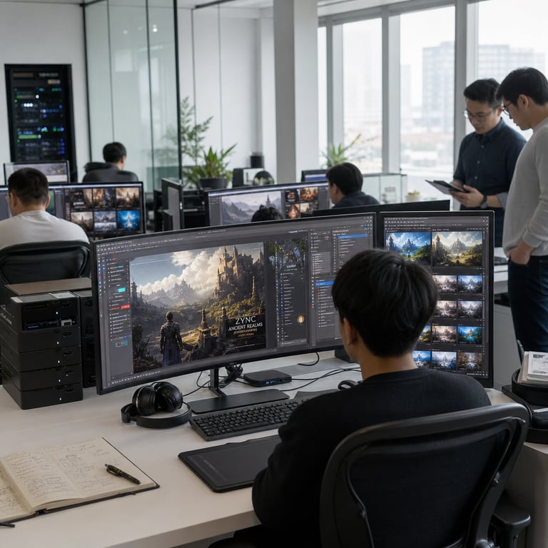 In a modern open-plan technology office with sleek glass partitions dividing collaborative workspaces, rows of high-end desktop computers with large curved monitors sit on clean white desks alongside wireless keyboards, precision mice, and drawing tablets. Several anonymous professionals wearing neutral business casual clothing are positioned with their backs to the viewer, seated in ergonomic chairs while operating the equipment to demonstrate advanced AI image generation and editing workflows. One central monitor displays a complex digital canvas where an intricate landscape scene is being refined through visible layers, adjustment panels, and selection tools for color grading, object manipulation, and integration of textual elements within the generated artwork. Adjacent screens show grids of multiple AI-produced images arranged for side-by-side evaluation, highlighting variations in style, detail, and composition that represent competitive benchmarking activities. The room includes subtle background elements such as neatly arranged server towers visible through an open doorway, potted green plants on windowsills, scattered technical notebooks with abstract diagrams, and charging cables organized along desk edges. Natural daylight streams through tall windows overlooking distant city buildings, illuminating the workspace evenly without harsh shadows. Additional figures stand nearby reviewing outputs on secondary tablets held at chest height, their postures indicating focused discussion on model performance metrics. The hardware configuration features matte black computer towers, multiple external hard drives stacked on shelves, and wireless headphones resting beside each station. This arrangement captures a realistic moment of professionals actively utilizing pro-level editing capabilities within consumer-accessible AI applications, surrounded by the physical infrastructure of a frontier technology development environment where new image synthesis tools are being assessed and refined through direct interaction.