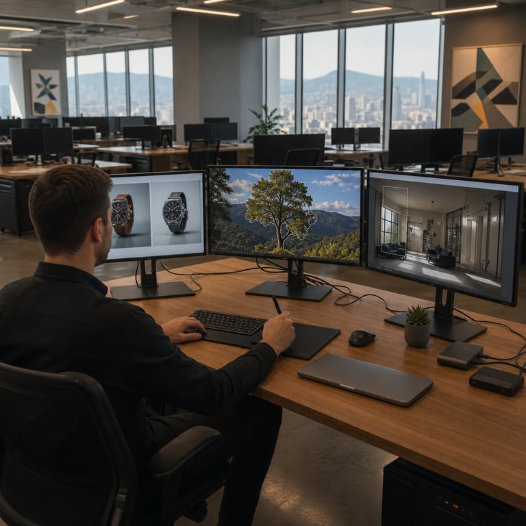 Inside a spacious open-plan technology office workspace an anonymous professional man viewed from over the shoulder sits upright at a large wooden desk equipped with three wide flat-panel computer monitors arranged side by side a graphics tablet with stylus resting on the desk surface and a wireless keyboard and mouse in front of him the central monitor displays a high-resolution landscape photograph with a precisely outlined region around a foreground tree being adjusted for color balance and detail the left monitor shows two separate product photographs placed adjacent for simultaneous comparison and editing the right monitor presents a third architectural interior image with selected zones highlighted for localized sharpening and compositing the man holds the stylus in his right hand actively tracing fine adjustments on the tablet surface while his left hand rests near the keyboard the desk surface also contains a closed laptop a small potted succulent plant and several matte-finished external hard drives connected by visible cables to the computer tower beneath the desk in the background rows of identical desks with similar multi-monitor setups are visible along with large windows revealing an urban skyline and distant hills the floor features polished concrete with subtle reflections from overhead fixtures the walls are painted neutral gray with abstract geometric artwork hung at intervals the entire scene emphasizes focused professional image manipulation activity with multiple source images open simultaneously and region-specific editing actions taking place across the displays without any visible markings symbols or interface elements the professional wears a plain dark button-down shirt and the overall environment conveys a contemporary technology development setting dedicated to advanced visual content production workflows