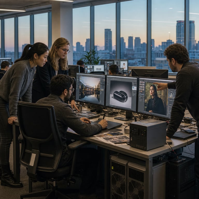 In a contemporary open plan technology development office with floor to ceiling windows revealing a distant city skyline at dusk a diverse team of anonymous professionals wearing business casual attire sit clustered around a large central workstation desk cluttered with multiple high end computer monitors displaying intricate AI generated visual compositions one monitor shows a landscape photograph with precisely edited foreground elements such as seamlessly integrated architectural details and refined lighting adjustments another screen features a product mockup with accurate shadow casting and material texture enhancements a third display presents a portrait with meticulous background replacement and color grading precision the professionals lean forward with focused attention one individual seated at the desk uses a stylus on a graphics tablet to demonstrate fine scale editing controls while two colleagues stand behind pointing at specific areas on the screens indicating collaborative review of typography integration capabilities through layered graphical elements without any visible lettering the desk surface holds external hard drives graphics processing units and reference printouts of comparable image outputs scattered in organized piles nearby filing cabinets contain project folders and additional tablets show similar detailed visual work the overall environment includes ergonomic office chairs neutral toned carpeting subtle potted plants along the window ledges and overhead LED lighting that evenly illuminates the workspace creating a professional atmosphere dedicated to advancing visual generation systems in a competitive global evaluation context where this particular tool holds a strong second position behind leading alternatives the scene captures the essence of professional targeting with hardware symbols of computational power and team based analysis of editing tools for high fidelity image manipulation