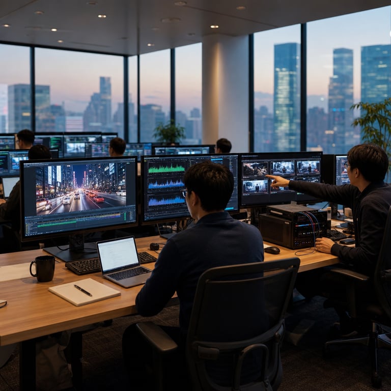 In a modern open-plan technology research office with floor-to-ceiling windows overlooking an urban skyline at dusk multiple anonymous engineers sit at long shared worktables each focused on individual high-resolution computer monitors and laptops arranged in parallel rows the first monitor displays a detailed cinematic video sequence of a bustling city street at night with synchronized moving vehicles and pedestrians the adjacent screen shows layered audio waveform visualizations pulsing in time with implied sound elements from the video while a third monitor presents multiple agent coordination panels represented by side-by-side thumbnail previews of consecutive shots ensuring continuity across multi-shot sequences generic figures with their backs to the viewer wear neutral business casual attire and use wireless keyboards and mice to adjust parameters on the interfaces one engineer points to a monitor showing parallel agent outputs where separate video clips are being generated simultaneously another engineer reviews hardware connections between desktop towers and external audio processing units on the table sit notepads pens and coffee mugs without any visible markings the room features neutral gray walls modern ergonomic chairs scattered potted plants and soft overhead lighting reflecting off polished wood surfaces additional monitors in the background display abstract representations of synchronized video and audio generation processes with smooth transitions between scenes and agent collaboration indicators through color-coded progress bars and node diagrams the overall environment conveys collaborative development of advanced AI video tools with native audio integration and multi-agent workflows all elements remain strictly realistic live-action and free of any text logos or identifiable individuals emphasizing hardware setups office collaboration and visual outputs related to video production technology