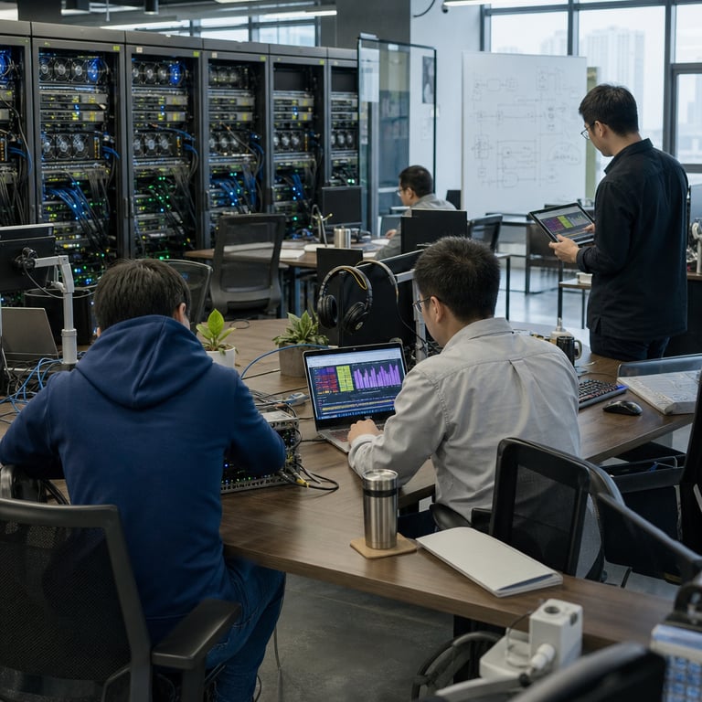 In a modern open-plan technology research office located in a contemporary Chinese urban tech hub, several anonymous professional engineers and AI researchers collaborate intently around a central workstation area during a focused post-training session for advanced coding model development. The workspace features polished concrete flooring with soft reflections from overhead LED panels, ergonomic mesh chairs in neutral tones, and multiple rows of server racks lining the back walls filled with densely packed GPU accelerator units connected by organized bundles of black and blue Ethernet cables along with visible cooling fans and status indicator lights in steady green and amber. In the foreground three figures are positioned at a large shared table: one engineer viewed strictly from behind wearing a plain dark blue hoodie and jeans leans forward adjusting connections on an external storage array while another researcher in a light gray button-down shirt sits opposite manipulating a wireless keyboard attached to a laptop whose screen displays only abstract multicolored geometric visualizations of model architectures and performance bar charts without any letters numbers or symbols. A third team member stands slightly to the side in profile with face turned away holding a tablet device showing similar non-textual graphical data representations of coding task evaluations. Midground desks hold additional hardware including mechanical keyboards with exposed switches, wireless mice, over-ear headphones draped over monitor arms, and small potted succulents adding greenery. Background elements include floor-to-ceiling windows revealing distant city buildings under daylight, distant whiteboards covered exclusively in line diagrams and flowcharts free of readable content, neatly arranged power strips and cable management trays, and extra server cabinets humming with activity. The entire composition emphasizes the technical infrastructure and human collaboration behind iterative improvements to an open-weights model building on its predecessor through extended post-training to reach leading results in specialized coding and cybersecurity evaluation environments amid parallel efforts by other domestic developers. Additional details include scattered technical notebooks with blank pages, insulated coffee tumblers on coasters, subtle ventilation grilles, and reflections of rack lights on the table surface creating a lived-in yet highly professional atmosphere dedicated to frontier artificial intelligence hardware and software optimization.
