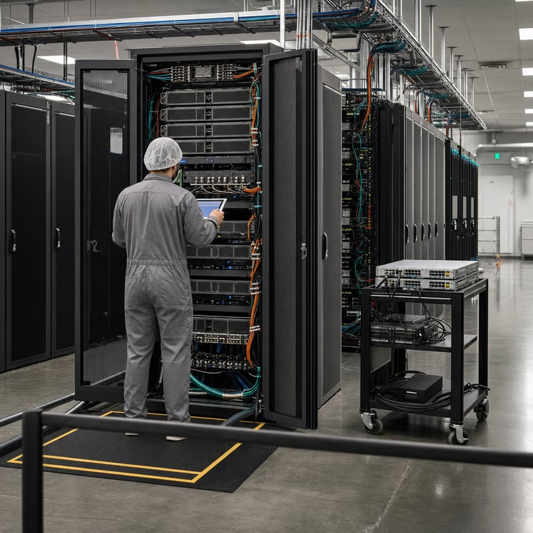 Inside a brightly lit modern data center facility a single anonymous technician wearing a plain gray jumpsuit and hairnet stands with back facing the camera while holding a diagnostic tablet and examining a tall open server rack filled with densely packed GPU accelerator cards connected by thick bundles of multicolored fiber optic cables and liquid cooling tubes running along the floor and ceiling trays the rack doors are swung open revealing rows of black metal chassis with visible heat sinks and ventilation grilles the surrounding environment shows additional identical server racks stretching into the distance under a grid of white acoustic ceiling panels and fluorescent overhead lighting the polished concrete floor reflects faint shadows of the equipment and a rolling cart nearby holds spare networking switches and power distribution units the technician's posture indicates focused inspection of internal components such as memory modules and interconnect boards the overall composition captures the industrial scale of hardware infrastructure supporting large scale AI model deployment with visible elements including cable management arms neatly organized patch panels blue status indicator LEDs on the equipment and subtle dust filters on intake vents the scene emphasizes the physical reality of delivering an open weight frontier model through enterprise subscription access without any visible markings or identifiers on hardware surfaces the background includes a distant view of a secondary aisle with identical cooling infrastructure and emergency exit signage that remains unreadable from this angle the lighting creates even illumination across metallic surfaces highlighting textures of brushed aluminum panels rubber grommets and braided cable sleeves while the foreground shows the edge of a safety barrier and a pair of industrial floor mats positioned for technician comfort the entire view remains strictly documentary capturing the operational environment tied to immediate availability for coding plan subscribers and upcoming full weight distribution under permissive licensing the composition avoids any close up facial features or identifiable traits focusing instead on the hardware assembly process and spatial arrangement of racks that represent the backend systems enabling one million token context capabilities in a production setting.