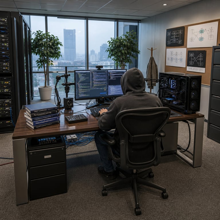 In a sleek modern technology research laboratory inside a high-rise building in Beijing an anonymous software engineer wearing a plain dark gray hoodie and jeans sits with their back facing the camera at a large ergonomic workstation desk constructed from polished dark walnut wood and brushed aluminum framing positioned centrally in the room their hands resting on a mechanical keyboard attached to a powerful desktop computer tower equipped with multiple visible GPU accelerator cards and advanced cooling fans for high-speed multimodal inference processing the desk surface holds neatly arranged stacks of technical reference volumes on artificial intelligence topics alongside various input peripherals including high-definition webcams mounted on adjustable arms and directional microphones positioned for voice input testing intricate bundles of black and blue data cables run in organized channels beneath the desk and along the walls connecting to server racks filled with dense arrays of blinking status lights and ventilation grilles on the left side of the frame a row of large floor-to-ceiling windows reveals an overcast urban skyline with distant skyscrapers and traffic below while potted ficus trees with broad green leaves stand in the corners adding organic contrast to the metallic and glass surfaces of the lab equipment a secondary monitor stand holds additional flat-panel displays angled toward the engineer reflecting subtle light patterns from the room a whiteboard-free area features abstract printed charts on AI model architectures pinned to a corkboard but without any legible markings the floor is covered in low-pile gray industrial carpet with subtle reflections from overhead recessed LED panels casting even illumination across the entire workspace scattered around the desk are small hardware testing tools such as multimeters and USB hubs in matte black finishes a tall metal filing cabinet with multiple drawers stands against the back wall next to a coat rack holding a single neutral-colored jacket the overall environment emphasizes precision engineering and computational power through its clean lines minimal clutter and focus on visible high-performance electronics components all elements arranged to convey a professional setting dedicated to developing and testing advanced coding assistance systems based on the latest multimodal AI models from Zhipu AI without any distractions or unrelated objects present in the composition the scene captures a moment of focused technical work in a real-world corporate research facility highlighting the infrastructure supporting rapid token generation for agentic coding tasks involving text image and audio inputs simultaneously processed at scale.