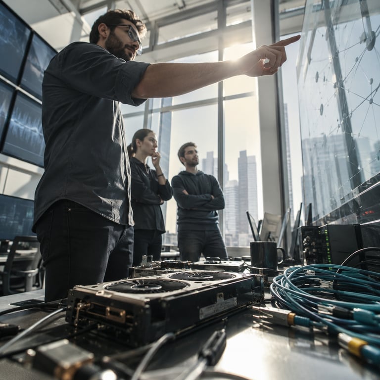 Engineers monitor AI telemetry on a wall of screens in a bright operations center during a production launch.
