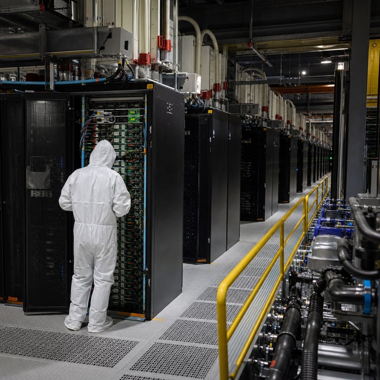 A vast interior of a high-capacity data center facility spanning multiple halls with endless rows of densely packed server racks stretching into the distance under high ceilings with exposed industrial ductwork and overhead power distribution units. Each rack houses thousands of domestically produced Chinese semiconductors arranged in dense blade configurations optimized for large-scale GLM model training workloads with visible interconnect cabling bundles in standardized colors linking nodes together. In the foreground an anonymous technician wearing standard protective coveralls stands with back turned examining an open rack panel revealing internal circuit boards populated entirely by XCore Sigma acquired hardware modules alongside additional chips from Zhongke Jiahe production lines. Massive liquid cooling manifolds and heat exchanger units run along the base of every aisle maintaining thermal stability for the 1GW total power draw of the installation while redundant backup generators and electrical substations occupy adjacent partitioned areas. The environment includes wide maintenance walkways with anti-static flooring safety railings and monitoring consoles displaying operational metrics without any visible lettering. Distant sections show additional clusters of racks dedicated to enterprise AI workloads demonstrating the complete shift away from imported processors toward self-sufficient domestic semiconductor supply chains developed in collaboration with entities including the Chinese Academy of Sciences. The overall composition captures the scale and technical density of the 1GW Zhipu AI facility built around Knowledge Atlas Technology infrastructure highlighting over ten thousand Chinese semiconductors operating continuously in a controlled industrial setting that underscores reduced foreign hardware dependence.