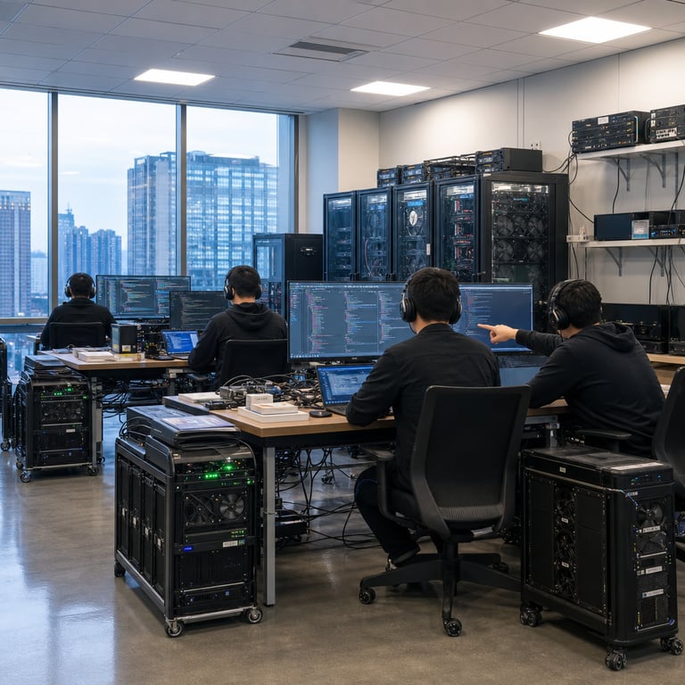 Inside a brightly lit modern technology research laboratory with floor-to-ceiling windows overlooking an urban skyline at dusk, several anonymous software engineers work at long shared workbenches filled with high-performance computing hardware. The engineers sit with backs to the camera wearing plain dark clothing and headphones, their faces never visible, each positioned before arrays of large flat-panel displays showing dense lines of syntax-highlighted code files and performance graphs. On the desks rest open laptop computers connected via thick black cables to external GPU accelerator units stacked in wheeled carts, their indicator lights glowing steadily. Behind the workstations rise rows of black server racks with transparent side panels revealing rows of circuit boards and cooling fans in constant motion. Scattered across the surfaces are technical reference binders, USB storage drives, and calibration tools used for benchmarking long-context inference runs. The polished concrete floor reflects overhead LED panels casting even illumination across the entire workspace. One engineer gestures toward a shared monitor while colleagues review output metrics from extended agentic task simulations involving multi-file code repositories. Additional equipment includes network switches mounted on wall brackets, power distribution units along the baseboards, and cooling vents integrated into the ceiling grid. The overall environment conveys collaborative development of large-scale mixture-of-experts architectures released under open licenses, with emphasis on accessible full parameter sets enabling frontier coding evaluations. Every surface and device is rendered in precise photographic detail showing textures of metal casings, matte plastic housings, braided cables, and subtle dust patterns on equipment edges. The composition centers the human figures within the hardware-dense setting without any readable markings or overlays, capturing the quiet intensity of real-world evaluation sessions for advanced open models handling million-token contexts on practical programming challenges.