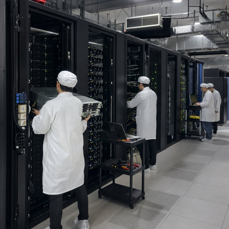 Inside a large-scale data center facility located in a Chinese technology hub, rows upon rows of tall black server racks stand aligned under high ceilings with exposed ventilation ducts and industrial cooling units humming in the background. Anonymous technicians wearing plain white lab coats and hair covers work with their backs turned to the camera, one figure carefully sliding a dense compute module into an open rack slot while another connects thick bundles of fiber optic cables between adjacent units. The floor features raised perforated tiles for airflow, and the entire environment is illuminated by neutral overhead industrial lighting that casts even illumination across metallic surfaces and matte black equipment housings without any visible markings. Multiple server racks display arrays of small status indicator LEDs in steady patterns, representing active high-capacity inference hardware supporting a newly deployed large language model with extensive context handling capabilities. The scene includes auxiliary equipment such as power distribution units mounted on the sides of racks, neatly routed cabling trays overhead, and portable diagnostic carts holding generic tools positioned nearby. In the mid-ground, additional anonymous personnel review hardware configurations on a wheeled workstation table, emphasizing the operational rollout of advanced AI infrastructure designed to operate independently amid external access limitations. The overall composition captures the scale of enterprise-grade computing resources being prepared for broad availability, including future open-weight distribution, through tangible physical deployment of specialized hardware clusters in a controlled professional setting.