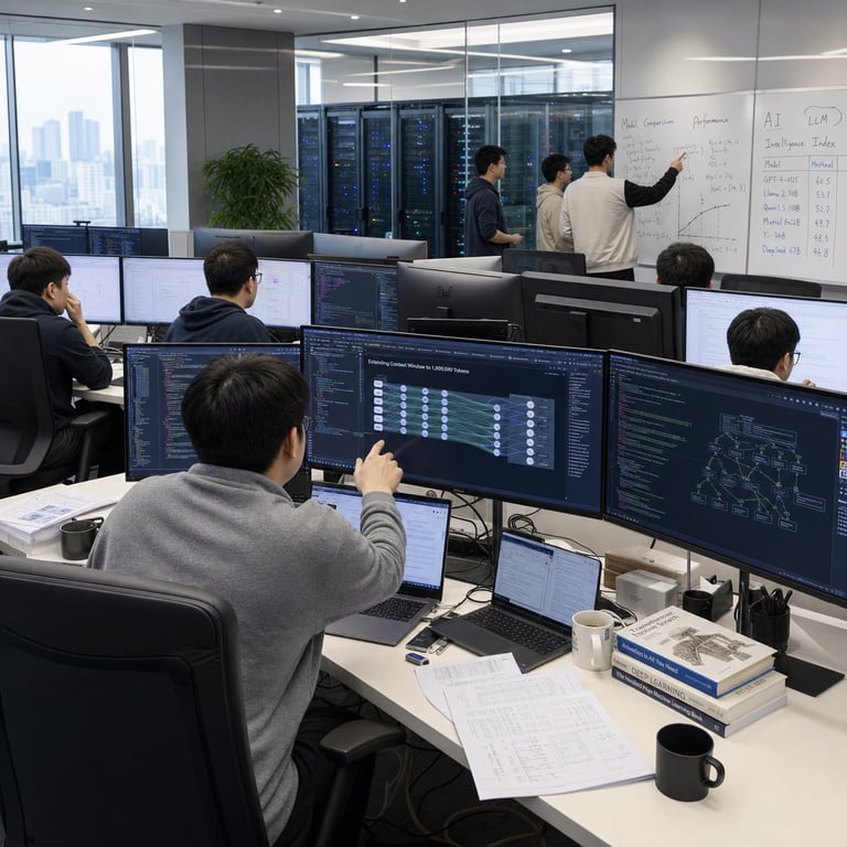In a modern open-plan technology development office within a Beijing high-rise complex several software engineers sit at clustered ergonomic workstations each fitted with arrays of thin-bezel monitors displaying dense scrolling lines of source code alongside intricate flowchart diagrams representing neural network layers and token processing sequences. One engineer leans forward adjusting parameters on a central display showing extended context handling visualizations with layered node connections extending across wide horizontal spans to indicate one million token windows while nearby colleagues review adaptive control modules depicted as branching decision trees on secondary screens. The desks hold open laptops running integrated development environments with visible syntax highlighting stacks of technical reference printouts featuring algorithm pseudocode USB storage devices containing model weight files and half-empty ceramic mugs. In the mid-ground tall black server racks with blinking status LEDs line the wall behind a glass partition housing the computational hardware used for evaluating open-weights large language model performance benchmarks. Additional engineers stand in small groups gesturing toward wall-mounted whiteboards covered in handwritten mathematical notations and graph sketches comparing intelligence index scores across different model architectures. The entire workspace conveys collaborative focus on stable accessible AI tooling amid shifting availability of closed-source alternatives with cables neatly routed under raised flooring and natural daylight filtering through large windows overlooking the urban skyline.