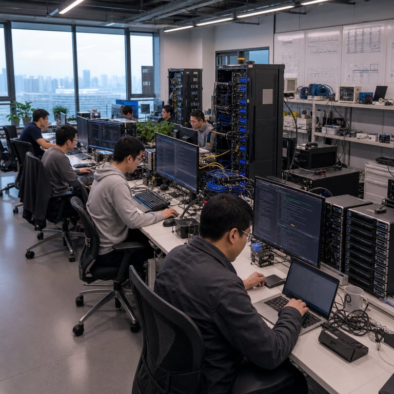 Inside a spacious modern technology laboratory in Beijing multiple anonymous researchers wearing plain lab coats and casual attire sit at long shared worktables covered with dense arrays of computer hardware including tall black server racks with blinking indicator lights rows of high performance workstations and stacks of external storage drives connected by thick bundles of cables the researchers are intently focused on their tasks with some leaning forward to examine code structures on large flat screen monitors while others manipulate keyboard and mouse inputs to run agentic coding simulations and cybersecurity evaluations the room features concrete floors large windows overlooking the city skyline white walls lined with technical diagrams and equipment shelves holding networking gear power supplies and cooling fans the atmosphere conveys collaborative scientific work on advanced artificial intelligence systems derived from a fixed large scale base model with emphasis on post training refinements leading to superior performance in programming benchmarks and cyber defense challenges compared to rival systems the scene includes visible hardware elements like GPU clusters liquid cooling pipes and diagnostic tools scattered across the tables representing the infrastructure behind scaling post training techniques for frontier level gains in terminal based tasks and automated agent workflows without any visible text logos or markings on screens or equipment the researchers appear diverse in age and background all engaged in hands on evaluation of model outputs for coding accuracy and security protocol testing the overall composition centers on the human interaction with the physical computing environment highlighting the real world setting of a Chinese AI research facility advancing capabilities in agentic coding and cyber tasks through methodical experimental processes the details extend to subtle elements such as ergonomic chairs positioned around the tables coffee mugs and notebooks placed nearby personal items indicating extended work sessions organized cable management systems under the tables ventilation grilles on the ceiling and soft ambient lighting illuminating the workspace evenly to emphasize the professional technical environment dedicated to benchmarking AI models against competitors in practical software development and digital security domains the composition remains grounded in tangible objects and anonymous human activity within the lab space to illustrate the story of performance improvements achieved via post training on an unchanged base model size.