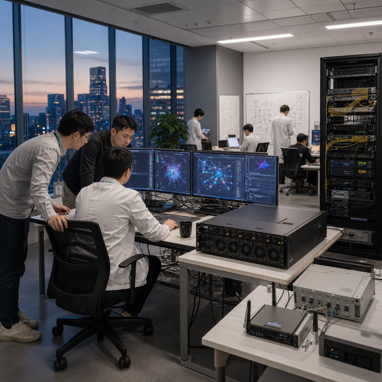Inside a spacious modern AI research laboratory in Beijing with floor-to-ceiling windows overlooking an urban skyline at dusk, several anonymous engineers wearing casual business attire and white lab coats stand around a central workstation area. One engineer sits at a desk facing multiple large flat-panel monitors displaying colorful abstract graphical interfaces and performance charts without any legible content, while two other engineers lean in from behind discussing the displayed data. On the desk surface sits a sleek black server blade enclosure with visible cooling fans and indicator lights, representing the infrastructure supporting post-training of a massive 743 billion parameter base model. Nearby, a tall equipment rack holds additional compute hardware with bundled cables neatly organized, symbolizing the unchanged base model scaled through extensive post-training runs. In the background, more anonymous figures work at additional desks equipped with laptops and tablets, some standing near whiteboards covered in non-text diagrams and flowcharts illustrating model evaluation processes. The room features neutral gray walls, overhead fluorescent lighting, potted plants for a lived-in office atmosphere, and scattered technical equipment such as external hard drives and networking routers on side tables. The overall composition captures a collaborative moment focused on achieving state-of-the-art results in coding and agentic tasks through careful post-training refinement, with API integration hardware visible in the form of network switches and interface modules placed on a secondary table. Subtle details include ergonomic office chairs, coffee mugs on desks, and a large window showing city lights, all emphasizing the real-world environment of frontier model development at Zhipu AI following the August 14 release timeline for GLM-5.3 after safety reviews for phased open-weight availability.