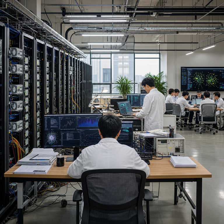Inside a spacious modern AI research laboratory belonging to Zhipu AI in Beijing a team of anonymous technicians wearing plain white lab coats and casual business attire works around multiple rows of tall black server racks filled with densely packed GPU accelerator cards connected by thick bundles of multicolored power and data cables the racks emit a low mechanical hum with small status indicator lights glowing steadily in cool blue and green tones in the center foreground a back-turned engineer sits at a long wooden workbench covered with technical notebooks stacks of printed research papers and a high-resolution multi-monitor workstation displaying dense abstract line graphs bar charts and network diagrams that represent benchmark performance metrics on the Artificial Analysis Intelligence Index where the GLM-5.3 753 billion parameter model has reached parity with competing systems at the top open-weights score another researcher stands slightly to the side adjusting connections on a secondary workstation used for agentic coding simulations while a third technician examines a large wall-mounted display showing abstract visualizations of cybersecurity evaluation results from CyberGym the scene includes visible hardware elements such as cooling fans spinning inside the racks organized cable trays running along the ceiling and floor reflective polished concrete surfaces and ergonomic office chairs scattered around the workspace in the mid-ground several additional anonymized figures gather around a central conference table holding laptops tablets and reference binders focused on post-training refinement processes applied to the GLM-5.2 base model the entire environment is filled with subtle details including potted plants near the windows natural daylight filtering through large glass panels overhead fluorescent lighting mixed with task lamps on desks and various pieces of measurement equipment such as oscilloscopes and diagnostic tools resting on side tables the composition captures a moment of collaborative technical work emphasizing the physical infrastructure and human effort behind scaling improvements in coding and cybersecurity capabilities without any readable text or logos present on any surface or screen the laboratory conveys a sense of focused professional activity in frontier AI development with every visible object directly tied to large-scale model training and evaluation hardware and processes