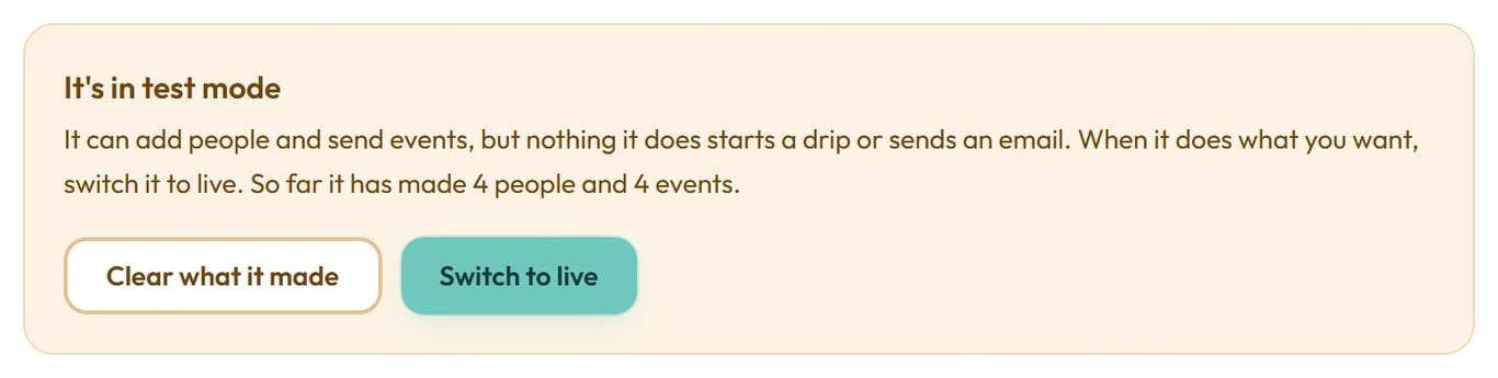 The test mode banner, with Clear what it made and Switch to live.