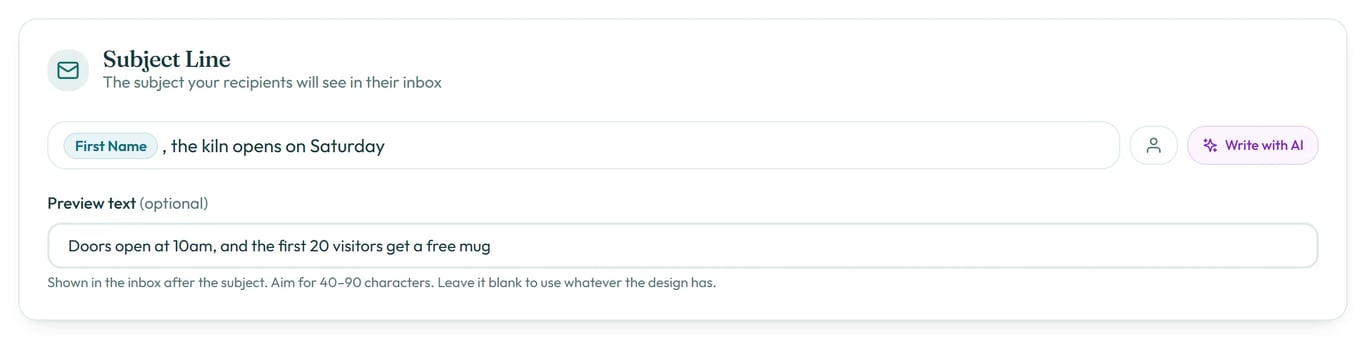 A first-name pill in the subject line, with preview text underneath.