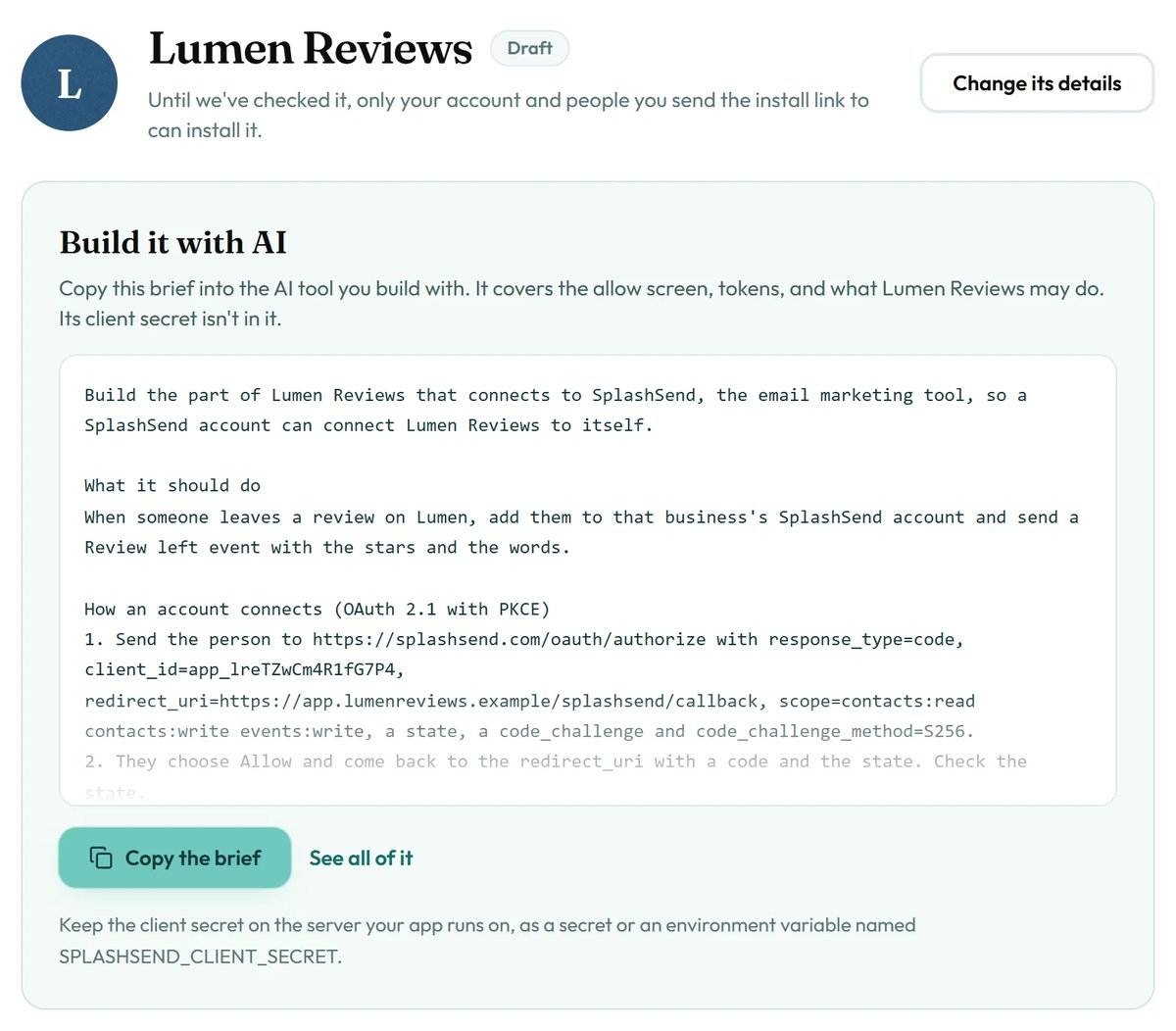 The app's page, with Build it with AI and its brief.