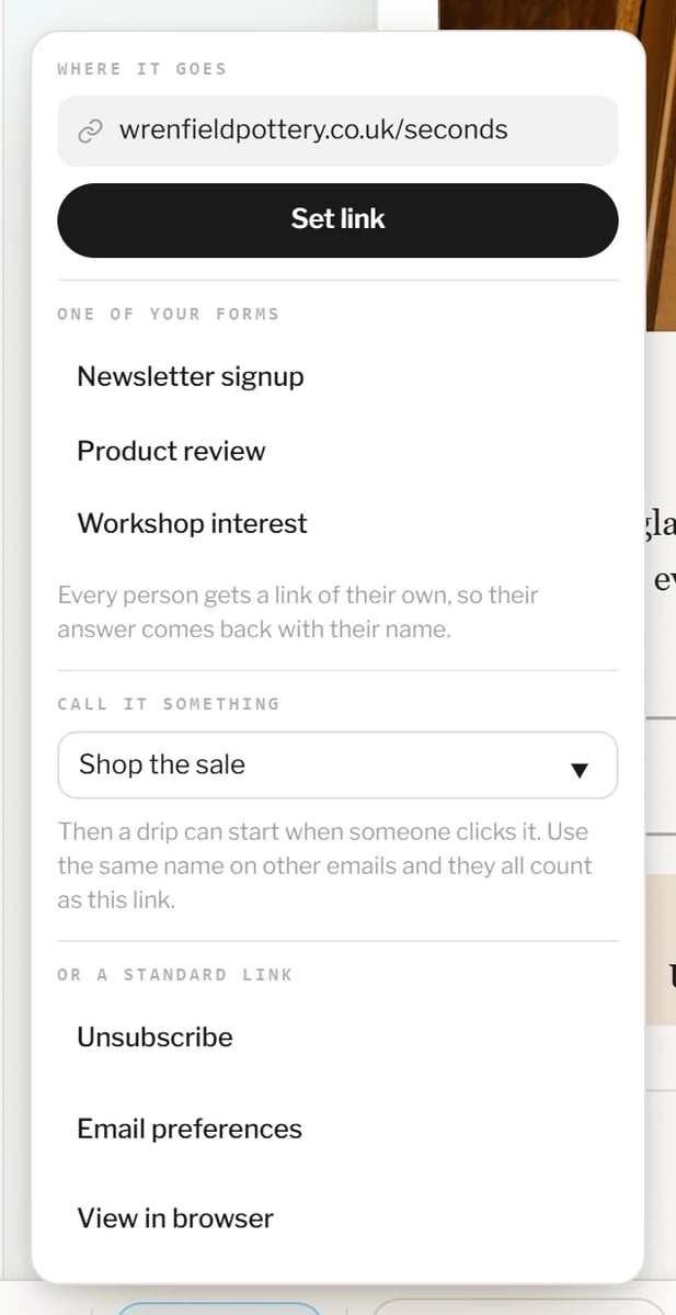 Link a button to a page, a form or a standard link.
