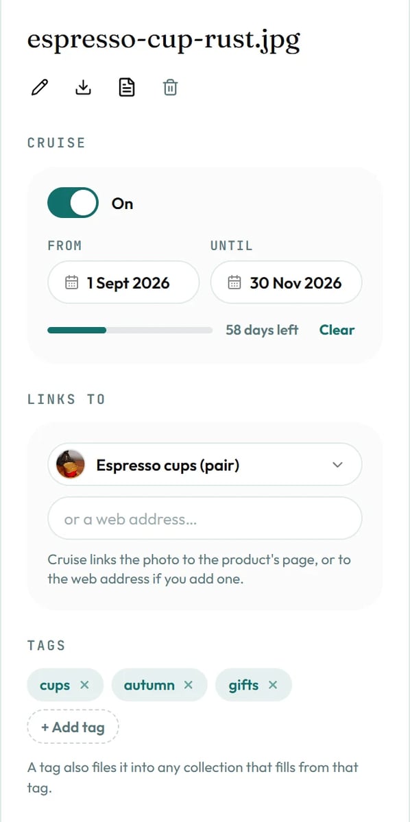 The Cruise switch, the date window, the product link and the tags for one photograph.