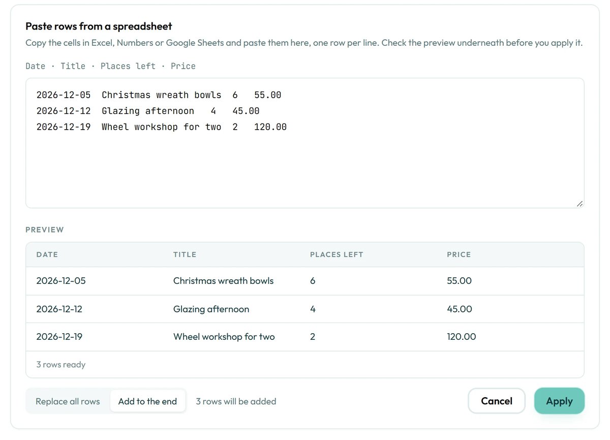 Paste rows from a spreadsheet and check the preview before you apply them.