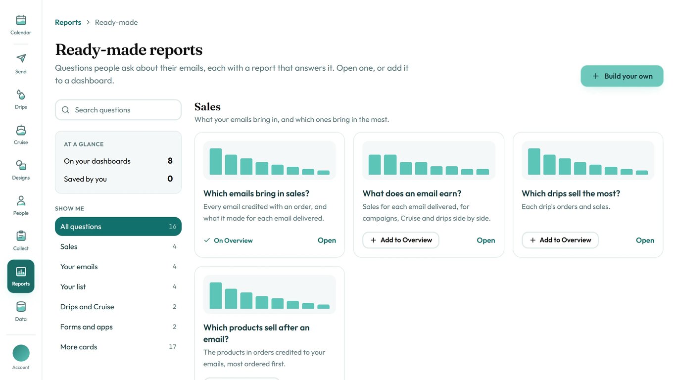 The ready-made reports, grouped by what they're about.