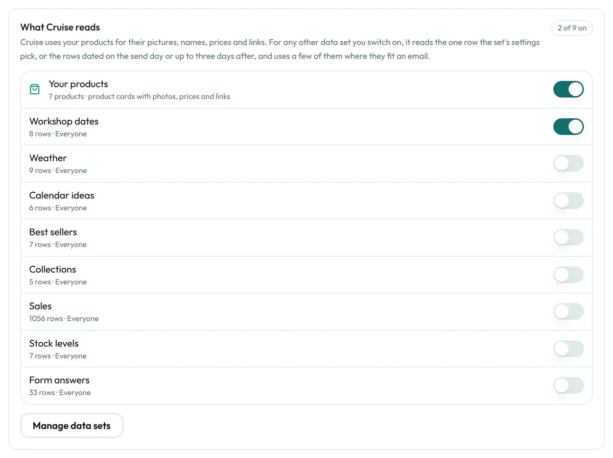 What Cruise reads, with a switch for your products and one for each data set.