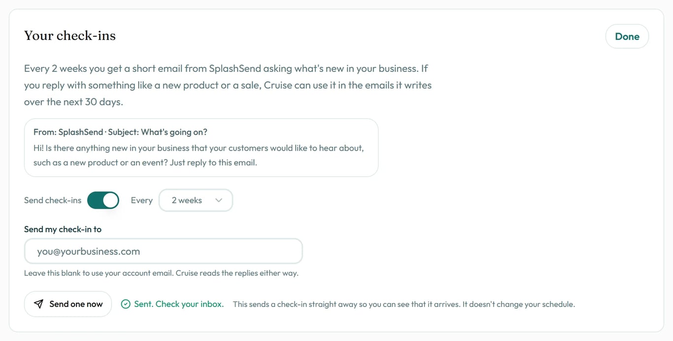 Check-ins ask what's new. Your replies give Cruise news to write about.