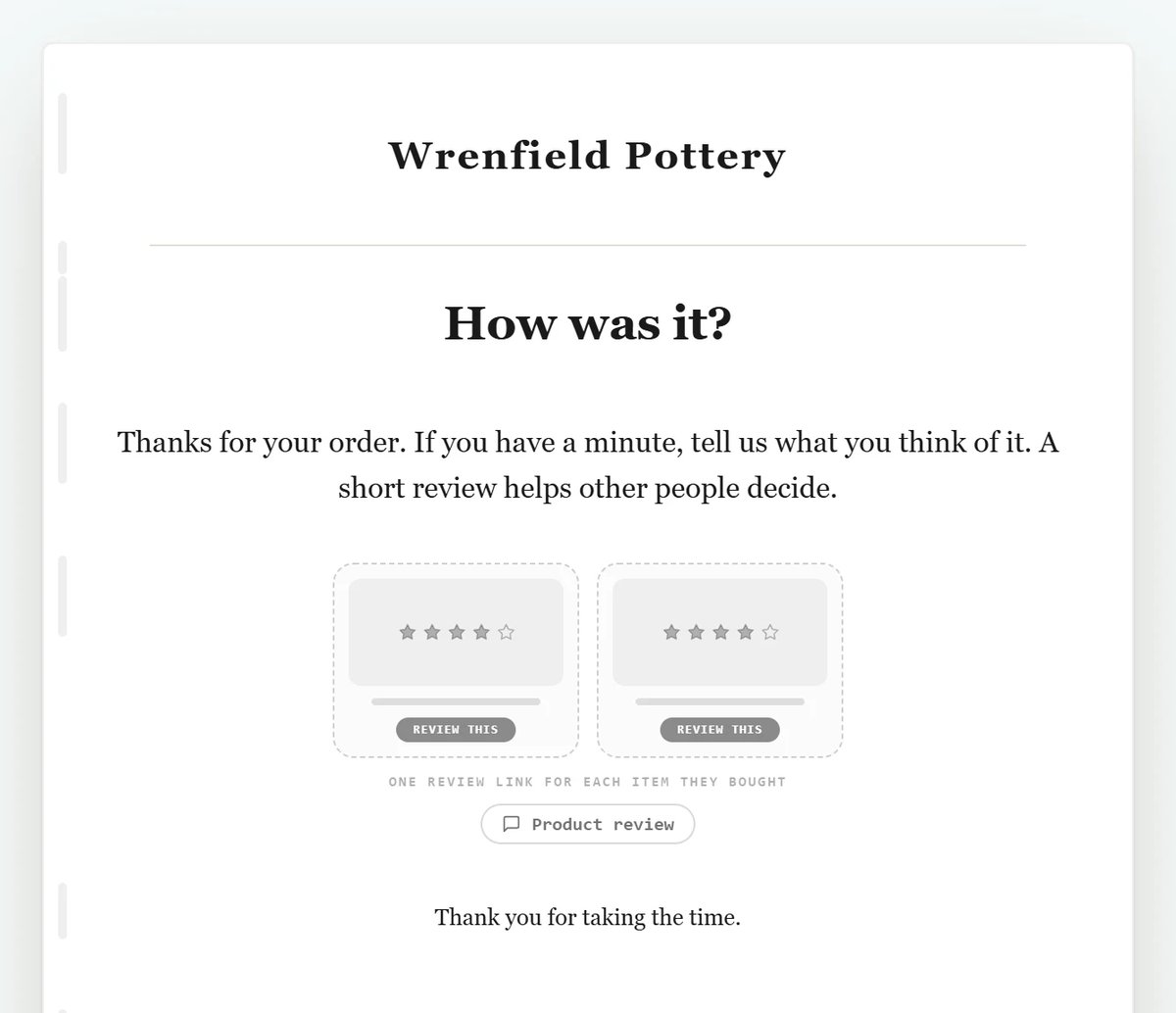 A review card for each item they bought.