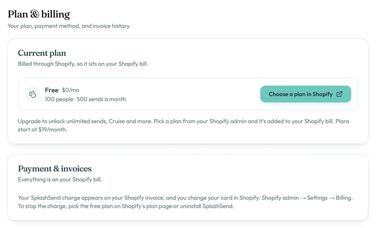 When Shopify bills your plan, you choose and change it on Shopify's plan page.