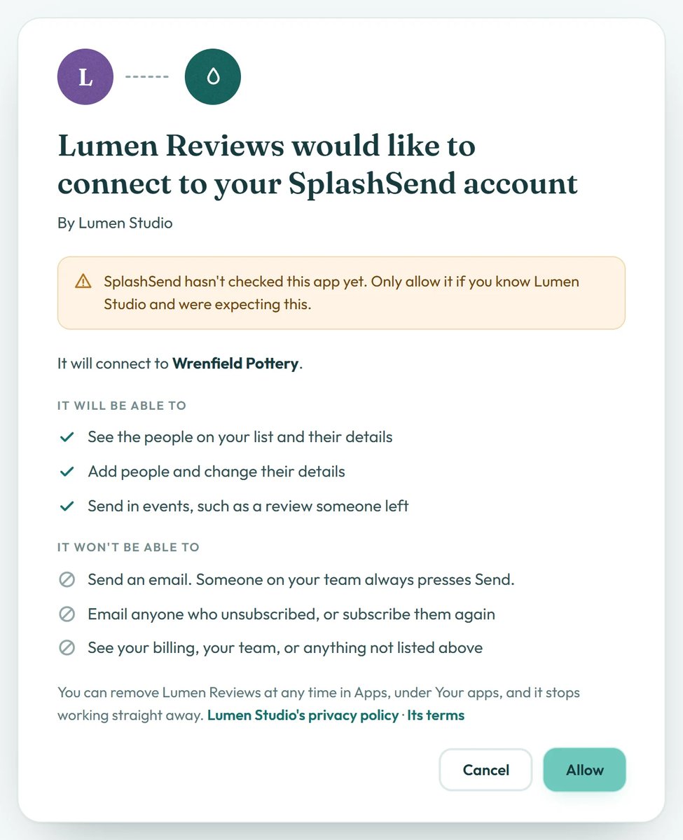 The allow screen for Lumen Reviews, with an amber note: SplashSend hasn't checked this app yet.