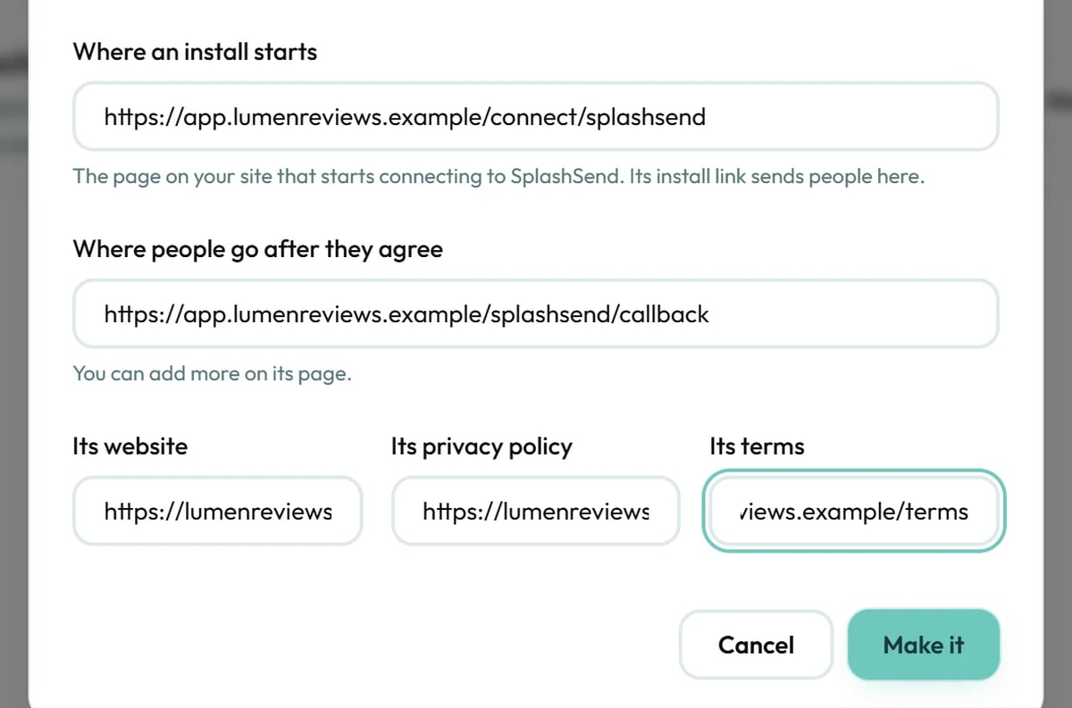 The rest of the window: where an install starts, where people go after they agree, and its website, privacy policy and terms.