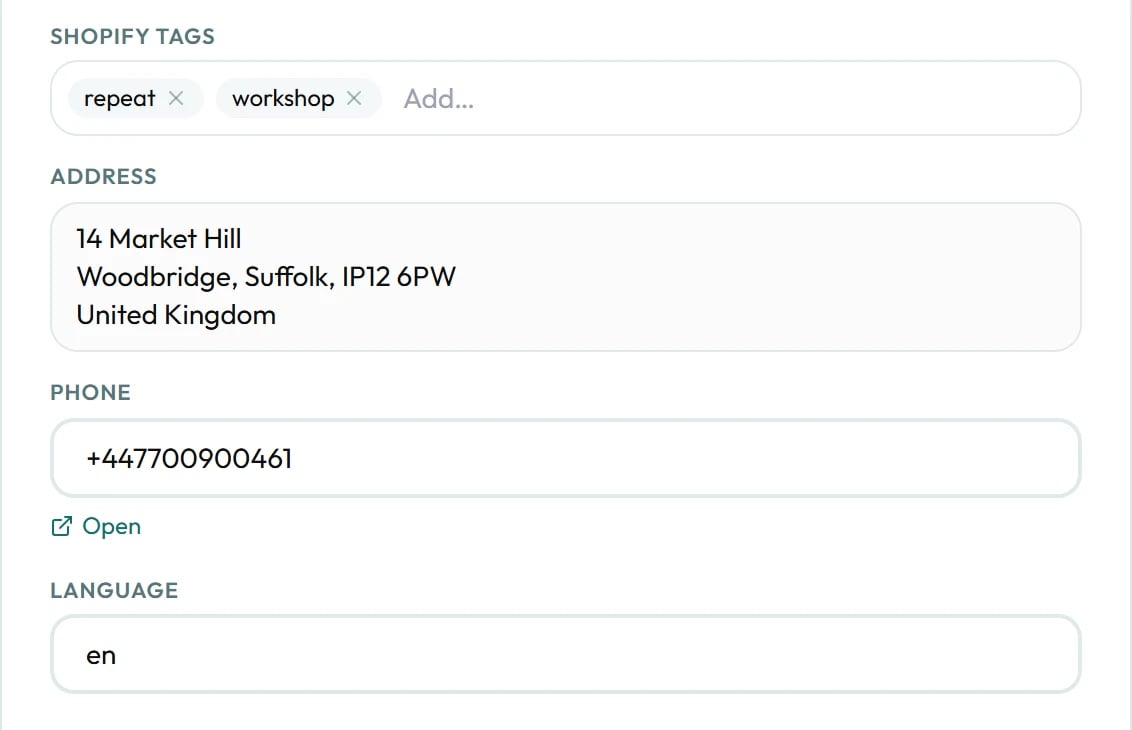 The details that came across from Shopify for one person.