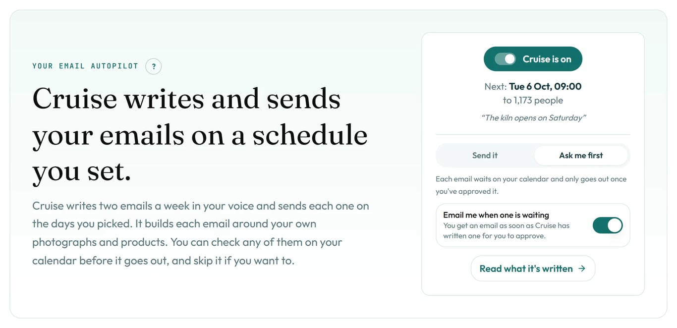 The top of the Cruise page. The box shows the next email and how many people it goes to.