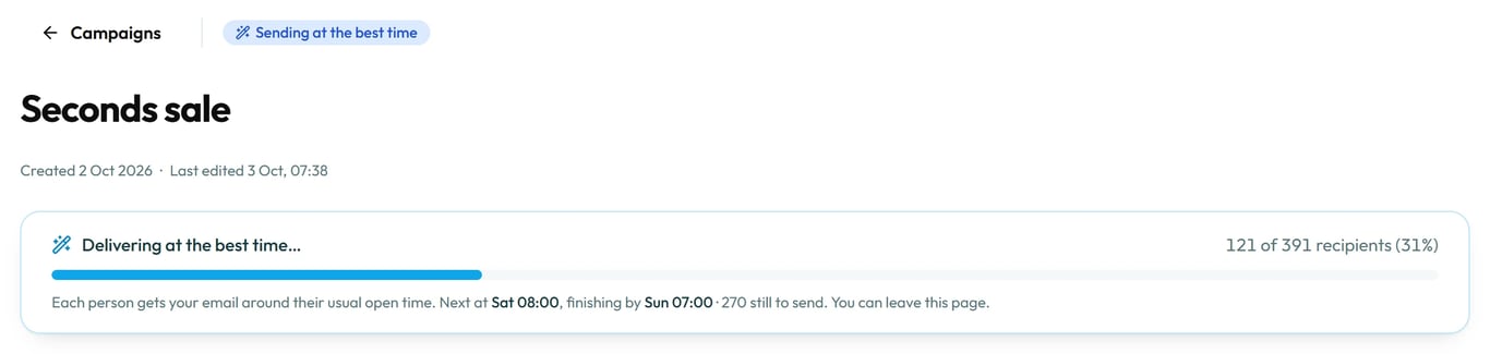 Part-way through a best-time send, the campaign shows when the next email goes and how many are still to send.