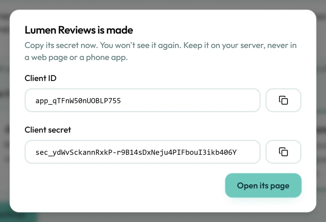 Lumen Reviews is made, with its client ID and client secret to copy.