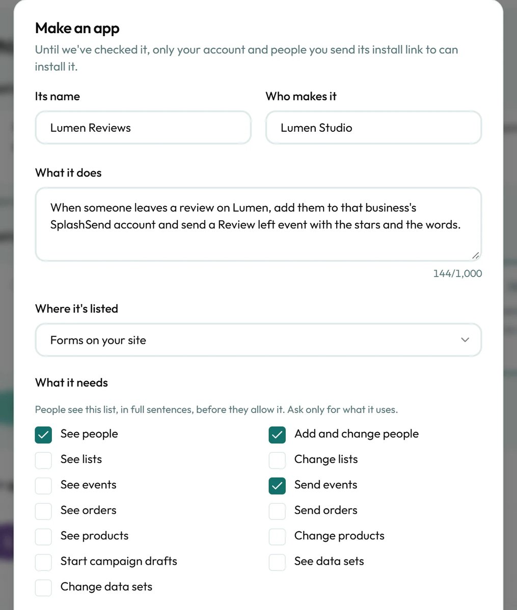 The Make an app window, with the app's name, who makes it, what it does, where it's listed and what it needs.