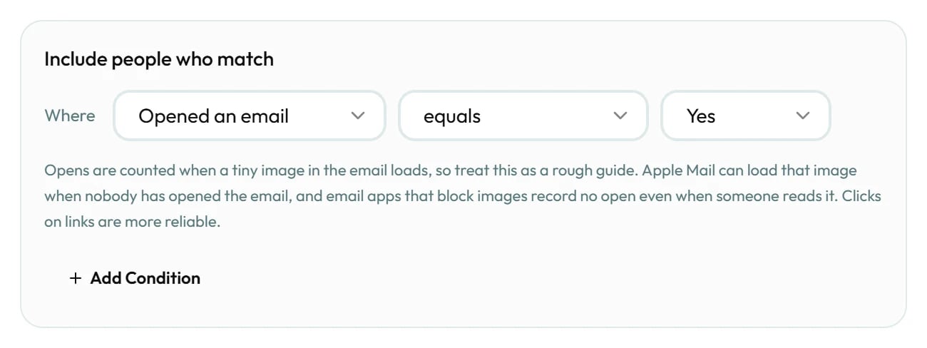 A group rule, Opened an email equals Yes, with a note about how opens are counted.