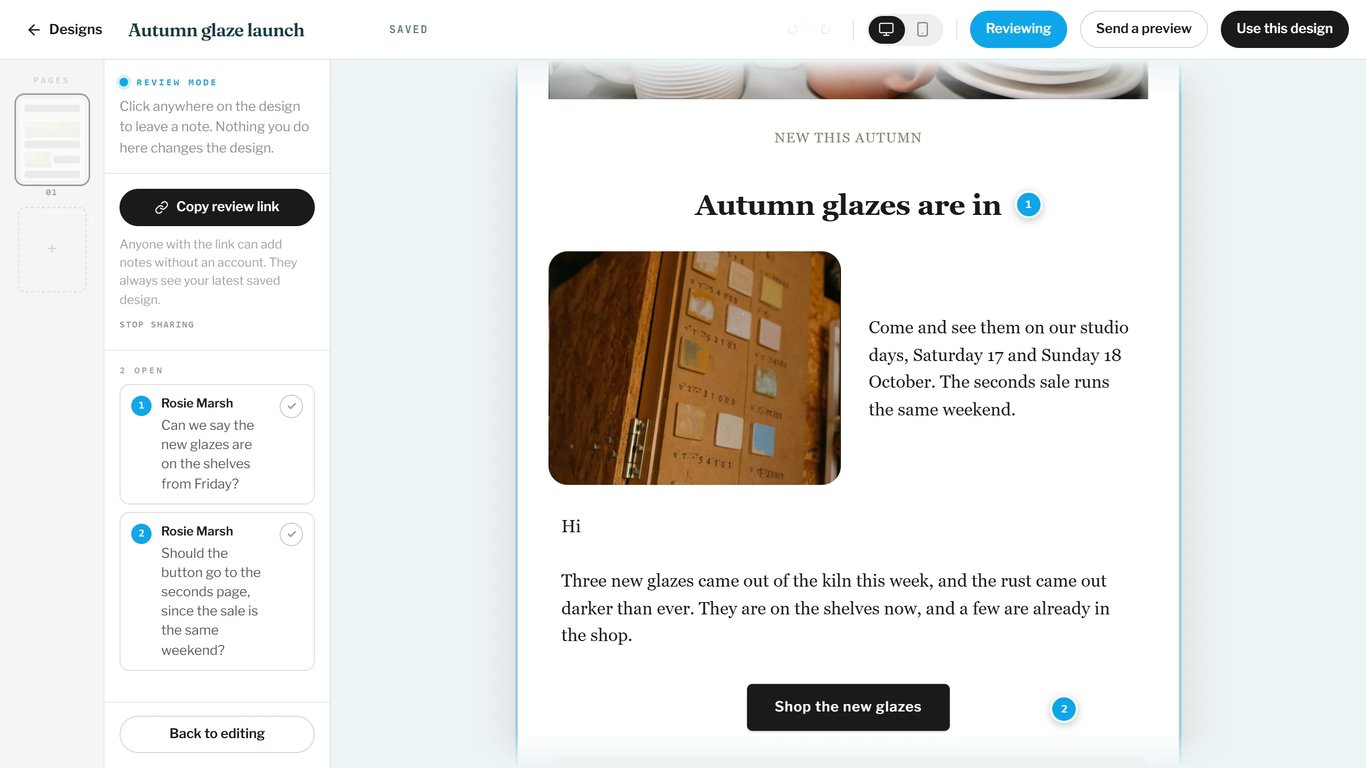 A reviewer's notes appear beside the design.